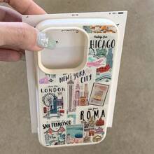 1 pieza Funda de teléfono de material TPU con patrón de edificios de la ciudad vintage compatible con iPhone/Redmi