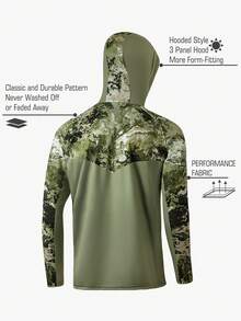 Men's Hooded Face Mask Fishing Shirt, Long Sleeve High-Performance Fishing Shirt, Breathable Quick-Dry, Boyfriend Style, Green Mosaic Design, UV Protection Fishing Apparel - Green - View 2