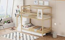 Sairedel Bunk Bed For Children 90*200cm, Solid Wood Double Bed, House Shape With Windows, Fence Design, With Storage Drawers And Ladder, Boys' And Girls' Bed, Teenager's Bed, White - 自然的 - 查看 6