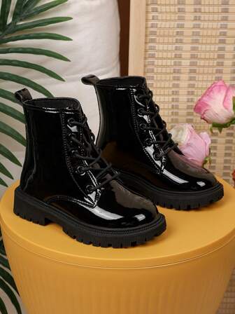 1 双黑色亮面皮革幼儿踝靴，前系带，侧拉链，金属扣，圆头，柔软平底防滑舒适可爱中筒靴，适合 3-12 岁男孩和女孩，全新秋冬系列