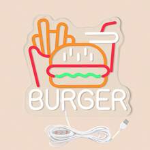 FOMZZE Hamburger & Pommes Neon Schild für Wanddekoration, Hamburger Pommes LED Neonlicht Gewerbezeichen für Zuhause, Restaurant, Bar, Männerhöhle, Raumdekoration, USB kompatibel mit Laptop