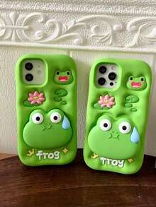 1pc Fashionable 3D Silicone Cartoon Cute Frog Expandable Stand Shock-Proof Phone Case Cover Compatible With Iphone 11/12/13/14/15/16/Pro Waterproof Anti-Fall Scratch Resistant - Green - View 3