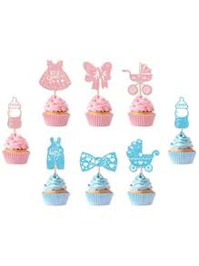 12/24 Stücke Geschlechts-Enthüllungs-Party Cupcake Topper Dekorationen, beinhaltet blaue & rosa Ratel, Schleife Picker