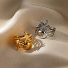 1pc Stainless Steel Beach Themed Ring With Starfish, Shell & Conch, Suitable For Women's Everyday, Vacation, Date, Gift