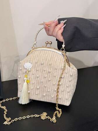 1 pièce Sac coquillage en velours côtelé, motif à pois de perles, couleur champagne doré, petit sac carré vintage à fermeture à bouton-pression en velours côtelé, sangle chaîne à la mode, pochette à pompons polyvalente pour téléphone