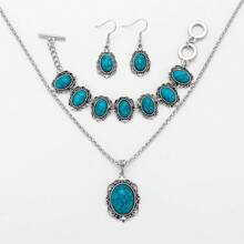 Un conjunto de cuatro piezas de pendientes ovalados grandes de aleación con estilo bohemio, un collar y una pulsera. Juego de cuatro pendientes con estilo occidental para mujer, adecuado para reuniones diarias