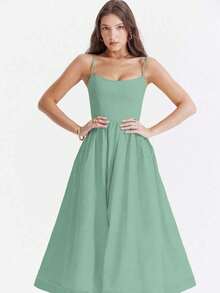 Sleeveless U-Neck Pleated Waist Flowy Midi Dress - Green - View 5