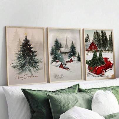 3pcs Merry Christmas, Farmhouse Christmas Wall Painting, Winter Wall Painting, Holiday Decoration, Comfortable Decoration, Christmas Tree Printing, Christmas Home Decoration, Holiday Christmas Logo, Canvas Wall Poster, Ideal Gift For Bedroom Living Room Corridor.Wall Art With Frame Christmas Decorations Room Decor