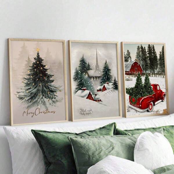 3 pezzi Decorazione murale natalizia in stile fattoria, pittura invernale, decorazione natalizia, decorazione confortevole, stampa albero di Natale, decorazione natalizia per la casa, logo natalizio, cartellone murale su tela, regalo ideale per camera da letto, soggiorno, corridoio. Opera d'arte da parete con cornice