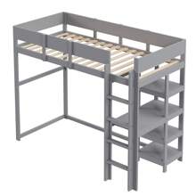 Sairedel Letto a soppalco con contenitore 90 x 200 cm, struttura letto in legno massello di pino con rete a doghe, letto per bambini e ragazzi grigio