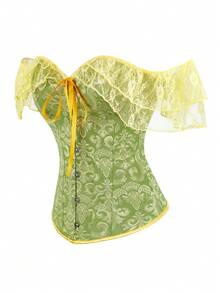 大码复古蕾丝边束胸衣，露肩复古提花紧身胸衣上衣 - 綠色 - 查看 3