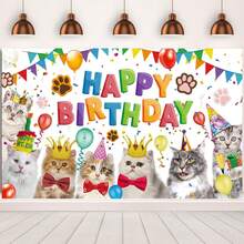 1pc Cat Birthday Decorations Happy Birthday Backdrop Kitten Cat Theme Party Photo Backdrop Photography Background Pet Paw Birthday Party Supplies - Multicolor - View 1