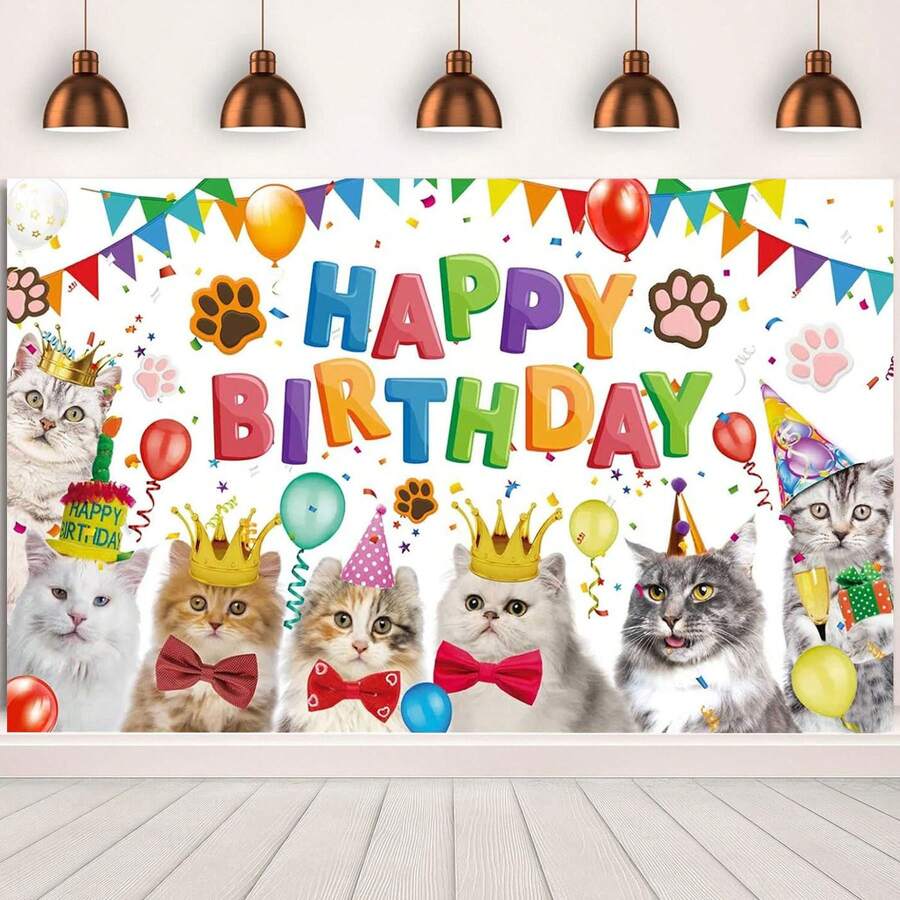 1pc Cat Birthday Decorations Happy Birthday Backdrop Kitten Cat Theme Party Photo Backdrop Photography Background Pet Paw Birthday Party Supplies - Multicolor - View 1