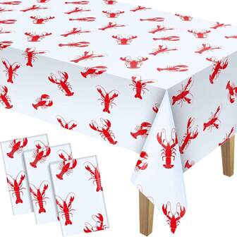1pc Shrimp Tablecloth For Birthday Party, Red & White Shrimp Design Table Cover Decoration, 108 X 54 Inches