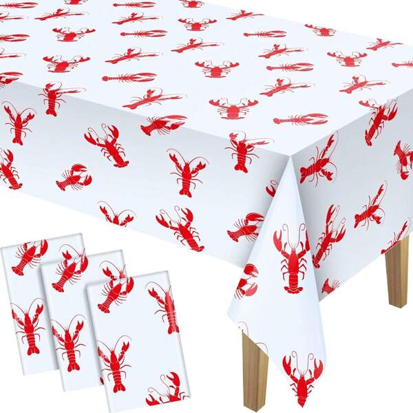 1pc Shrimp Tablecloth For Birthday Party, Red & White Shrimp Design Table Cover Decoration, 108 X 54 Inches