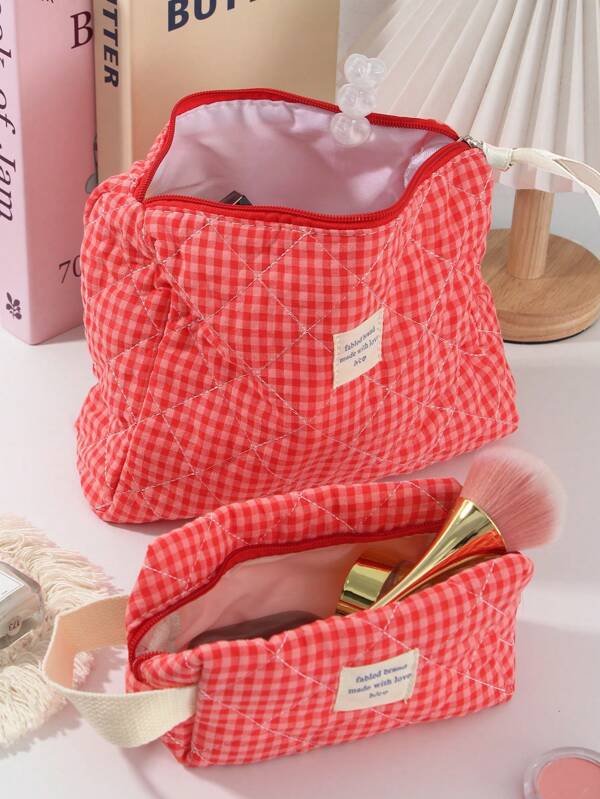 1 pieza Bolsa de maquillaje de estilo reticulado, juego de bolsos de estilo coreano acolchado en color rosa rojo, estilo Ins, elementos esenciales de vacaciones para niñas, bolsa con cremallera de gran capacidad, cartera, bolsa para tampones, bolsa de belleza con estampado de mariposa, accesorios esenciales de primavera para damas, bolsa de almacenamiento de uso diario para viajes, regalo para boda, dama de honor, Navidad, Día de la Madre, Día de la Enfermera, Día del Maestro