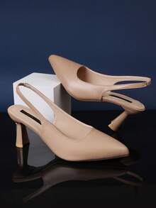 1双杏色尖头高跟凉鞋，青少年款，纯色PU拼接材质，弹性踝带，细高跟，奢华时尚凉鞋，适合日常、旅行、派对、工作穿着，夏季新品 - 杏色 - 查看 5