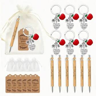 24 件/6 套，教师感恩节钥匙扣礼品套装，包括励志竹笔、钥匙扣、感谢卡、包包，适合学校、毕业、退休和节日礼物场合汽车配件包包饰品背包学校可爱哥特 Y2k 万圣节配饰教师节