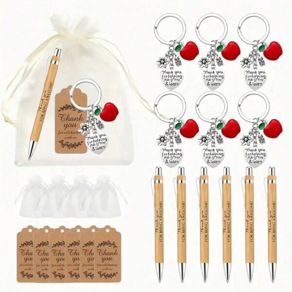 24pcs/6sets, Teacher Thanksgiving Keychain Gift Set, Including Inspirational Bamboo Pen, Keychains, Thank You Cards, Bags, Suitable For School, Graduation, Retirement And Holiday Gift Occasions Car Accessories Bag Charm Backpack For School