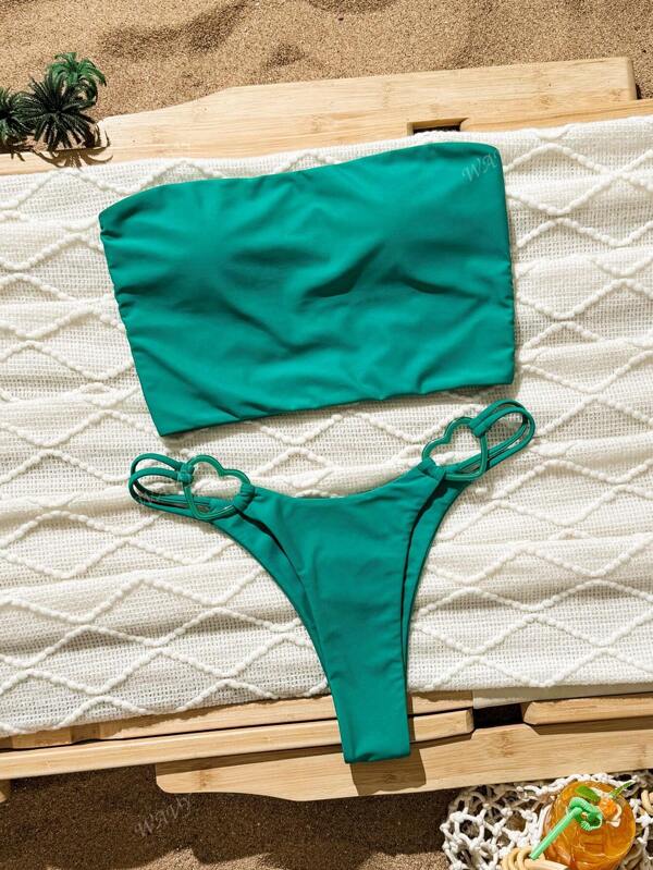 2 peças/Conjunto Maiô Bikini Bandeau Sólido Verde Sexy Feminino, Anel em Formato de Coração, Maiô de Praia com Corte Alto para Feriados e Férias