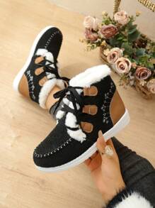 Vintage Plush High-Top Warm Women Snow Boots, Autumn/Winter Padded Thick Lace-Up Anti-Slip Boots, Indoor/Outdoor Women Snow Boots