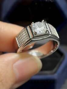 1 pieza Anillo de diseño geométrico elegante de plata S925 con piedra sintética de circonita brillante, regalo de joyería de alta calidad para hombres, anillo de compromiso - Plateado - Ver 2