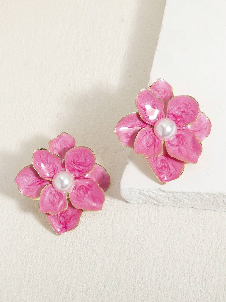 1 Pair Fashionable High-End Elegant Charming Metal Double Layer Floral Enamel Drop Earrings With Embedded Pearls In Soft Pink, Suitable For Spring/Summer Daily And Vacation Wear - Double-layer Oil-drop Flower Earrings Rose Red - View 1