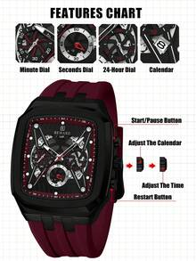 REWARD Men's Quartz Watch Business Fashion Style Timing Calendar Luminous Hands Multi-Functional Men Wristwatch High Quality Gift Classic Design Silicone Watch Band - Red - View 7