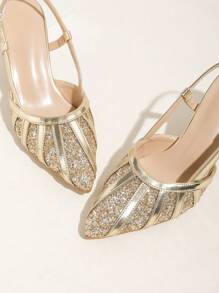 Gold Sequin Pointed Toe Backless Chunky Heel Pumps For Women