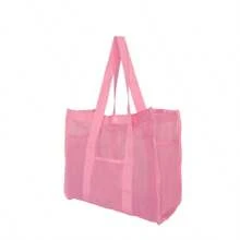 1 Stück Damen tragbare schnelltrocknende rosa Strandtasche, Design mit Buchstabenschnalle und Seitentasche, Aufbewahrung für Schwimmausrüstung, extragroße, multifunktionale, einfarbige Schulter-Mesh-Strandtasche für Spielsachen