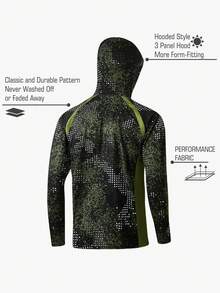 Men's Hooded Face Mask Fishing Shirt, Long Sleeve High-Performance Fishing Shirt, Breathable Quick-Dry, Boyfriend Style, Green Mosaic Design, UV Protection Fishing Apparel