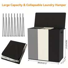 1pc Extra Large 3-Compartment Dirty Clothes Laundry Hamper, Luxury 3-Bin Rectangular Washing Basket, 180L/47.55Gal Sorting Organizer With 3 Removable Bags, Foldable Storage Container With Lid And Dual Handles, Thick Fabric - Ideal For Bedroom, Bathroom, Living Room, Dorm, Clothes, Toys - Black and White - View 5