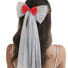 Custom Eternal Elegant Bridal Headpiece With Bow And Veil, Pearl Bow Hair Clip Tulle Veil Headband, Multiple Color Options, White Sheer Clip-On Wedding Accessories Suitable For Brides, Bridesmaids, Graduations And Bridal Parties