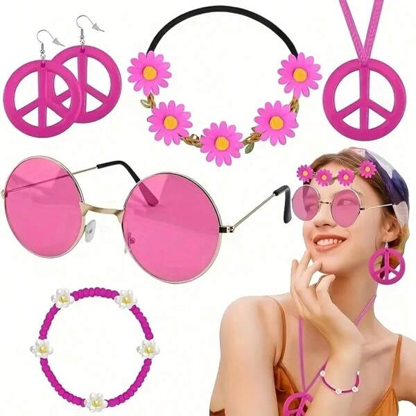 Ensemble d'accessoires de style hippie turquoise incluant des lunettes, un serre-tête, un collier avec symbole de paix et des boucles d'oreilles, pour femmes