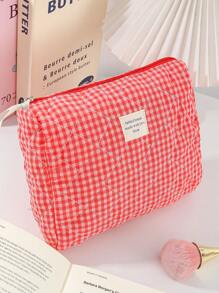 1 pieza Bolsa de maquillaje de estilo reticulado, juego de bolsos de estilo coreano acolchado en color rosa rojo, estilo Ins, elementos esenciales de vacaciones para niñas, bolsa con cremallera de gran capacidad, cartera, bolsa para tampones, bolsa de belleza con estampado de mariposa, accesorios esenciales de primavera para damas, bolsa de almacenamiento de uso diario para viajes, regalo para boda, dama de honor, Navidad, Día de la Madre, Día de la Enfermera, Día del Maestro