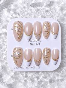 10pcs Handmade Autumn Nail Stickers, Short Nails, Almond Shape Nails, French Manicure, Gold Nails, White Nails, Pink Nails, Cute Nails, Handcrafted Gel, Decorated With Gold Butterfly Texture And Tripartite Texture, Asymmetric 3D Gold Edge French Manicure Nail Stickers, Gold Bow Decor On Nail Surface, Includes Nail Tools, Reusable Short Nail Stickers. - Gold - View 7