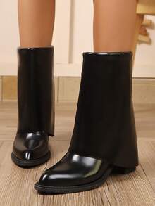 女式复古铆钉及膝靴，法式靴，百搭西部靴，小码马术靴，折叠靴，朋克街头时尚 - 黑色 - 查看 6