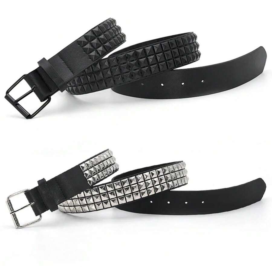 Pyramid Fashion Rivet Belt Men&Women's Studded Belt Punk Rock With Pin Buckle Drop Shipping Black - 黑色 - 查看 1