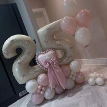 69 Stücke Elfenbein-Zahl-Ballonsatz, enthält 32 Zoll (81,28 cm) elfenbeinfarbeneFolie Ziffernballons, beige und hellrosa runde Latex-Ballons mit rosa Schleifen-Deko, geeignet für Jahrestag, Geburtstag, Hochzeit, Abschluss, Feiertag und Partydekoration