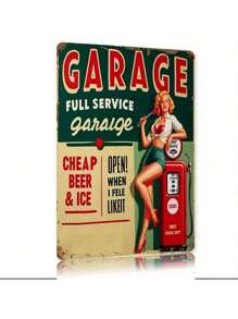 1pc Vintage Full Service Garage Metal Tin Sign, 8x12inch Retro Iron Wall Art With Pin-Up Style Woman & Gas Pump Design, Durable & Easy To Hang, Perfect For Home Bar, Cafe, Office Decor Or Gift, Metal Wall Art Decor, Perfect For Room Decor