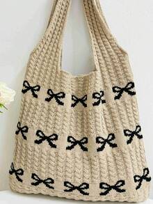 1 件蝴蝶图案撞色钩针手提包单肩包大容量时尚沙滩包多功能通勤包大容量针织流浪包可爱心形图案手提包女士休闲钩针手提包单肩包 Y2k 礼物、休闲度假、沙滩包、单肩包、手提包