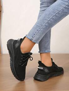 4 estaciones Nuevos tenis casuales de malla de punto transpirable con cordones, cómodos zapatos de suela suave y elástica para exteriores, correr, caminar, ir al trabajo y hacer ejercicio - Negro - Ver 3