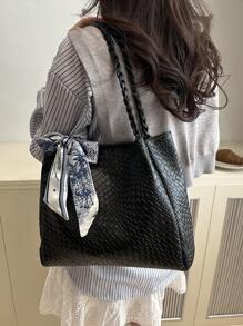 1 pièce Sac à main décontracté pour femme, grande capacité, nouvelle texture tissée de 2025, couleur unie simple et polyvalente, sac à bandoulière avec motif gaufré, sangle confortable et distinctive, convient aux étudiantes, aux courses, aux sorties et aux vacances, livré avec un ruban décoratif