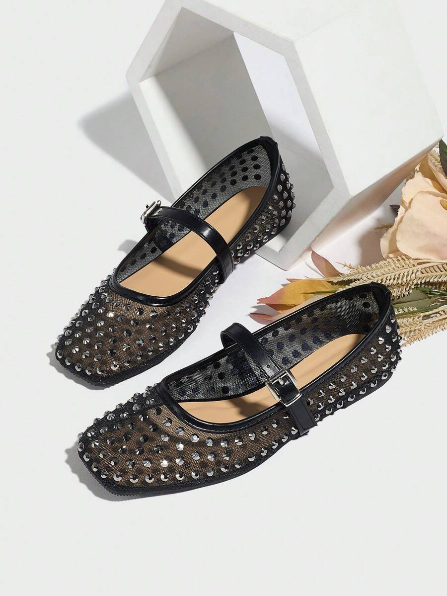 Black Crystal Hollow Out Thin Mesh Summer Ballet Flats With Rhinestone, Breathable, Suitable For Dress