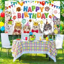 1pc Cat Birthday Decorations Happy Birthday Backdrop Kitten Cat Theme Party Photo Backdrop Photography Background Pet Paw Birthday Party Supplies - Multicolor - View 4