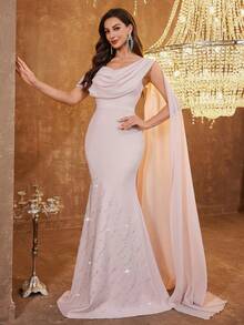 Women's Plunging Neck Sleeveless Elegant Dress With Long Trailing Sash, Chest Ruched Detail, Solid Color, Bodycon, Luxurious Bottom Embellished With Rhinestones, Backless Design With Mermaid Hemline (Random Rhinestone Direction) - Pink - View 6