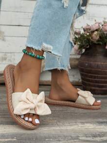 Women's 2025 Spring And Summer New Fashion Elegant Classic Outdoor Anti-Slip Bowknot Open Toe Slippers, For Beach, Vacation, Casual - Beige - View 3