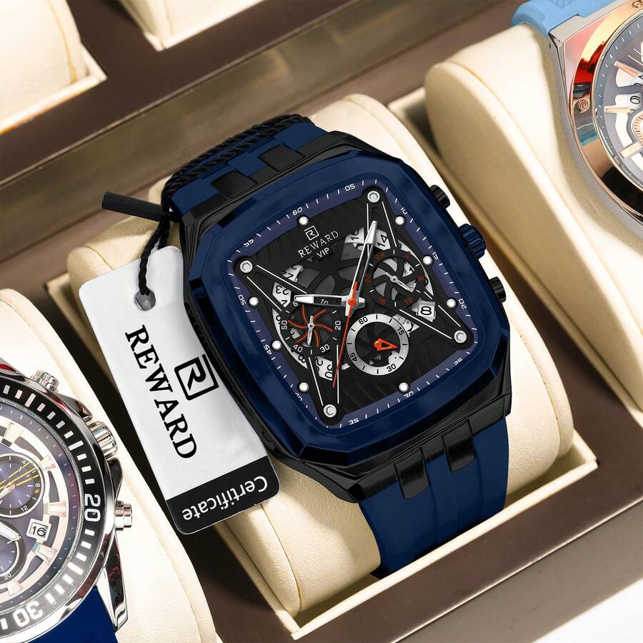 Reloj de cuarzo para hombres REWARD, de estilo de moda de negocios, con calendario, manecillas luminosas, multifuncional, de alta calidad, diseño clásico, con correa de silicona - Azul Marino - Ver 1
