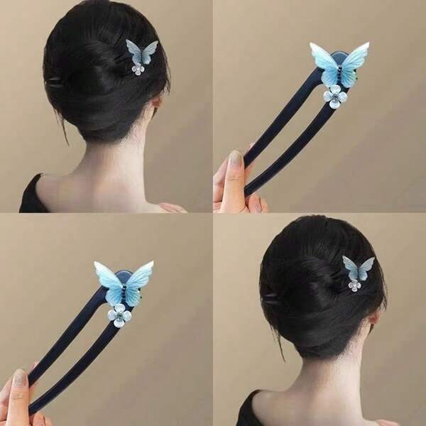 1pc Elegant Blue Butterfly Hair Clip, Wooden Hair Stick Hairpin, Suitable For All Seasons, Traditional Chinese Style Hair Accessory For Women ,Hair Accessories ,Hair Accessories,Hair Pins, Bun Extension, Hair Bun Maker, Bun Hair Piece, Hair Styling Pins, School Stuff