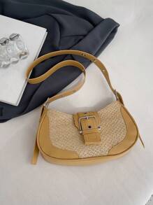 Korean INS Niche Woven Shoulder Bag For Women, New Summer Fashion Chic Messenger Crossbody Tote Crescent Moon Bag